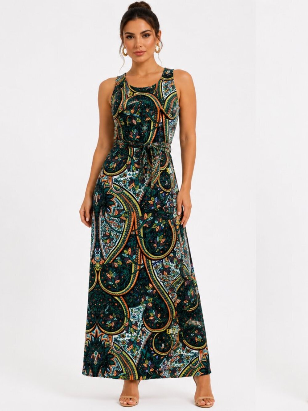 Veronicam Green Paisley Sleeveless Maxi Dress XS DL-659 Racerback Boho Gown
